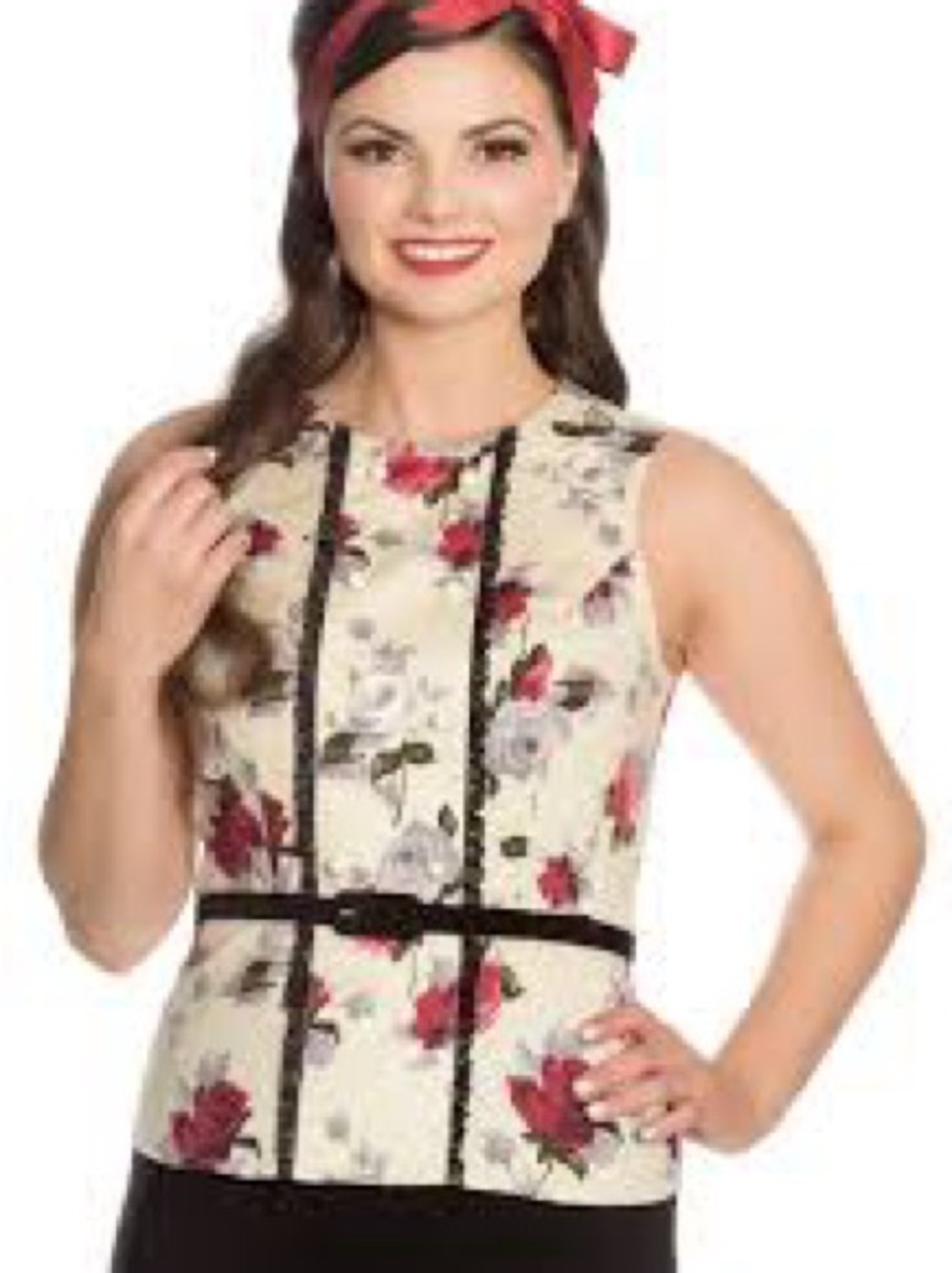 Hell Bunny Cecily Sleeveless Floral Top in Cream and Rose